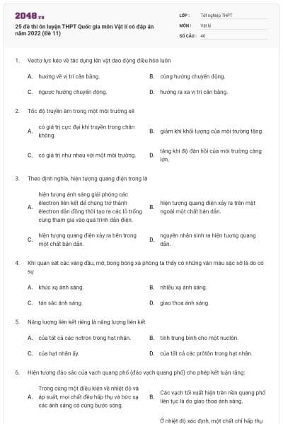25 đề thi ôn luyện THPT Quốc gia môn Vật lí có đáp án năm 2022 (Đề 11)