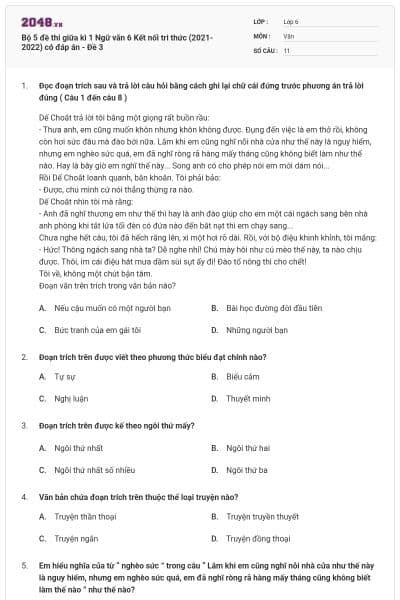Bộ 5 đề thi giữa kì 1 Ngữ văn 6 Kết nối tri thức (2021-2022) có đáp án - Đề 3