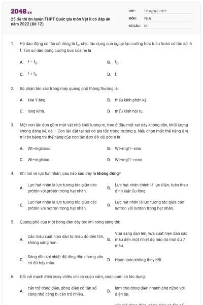 25 đề thi ôn luyện THPT Quốc gia môn Vật lí có đáp án năm 2022 (Đề 12)