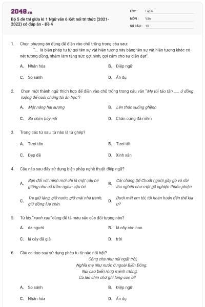 Bộ 5 đề thi giữa kì 1 Ngữ văn 6 Kết nối tri thức (2021-2022) có đáp án - Đề 4