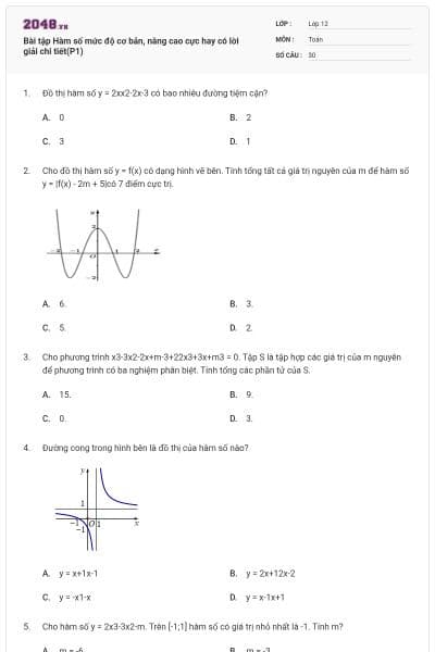 Bài tập Hàm số mức độ cơ bản, nâng cao cực hay có lời giải chi tiết(P1)