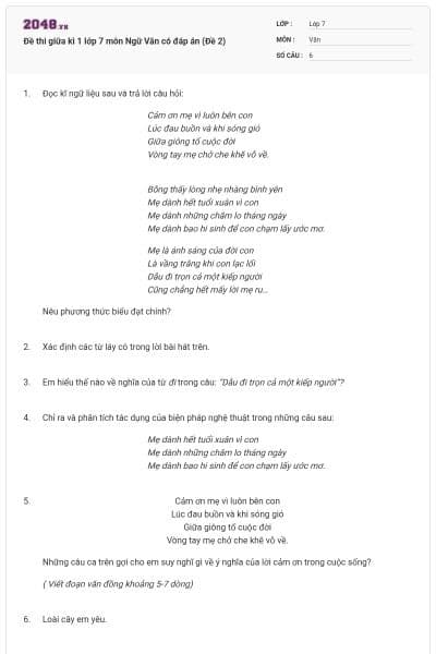 Đề thi giữa kì 1 lớp 7 môn Ngữ Văn có đáp án (Đề 2)