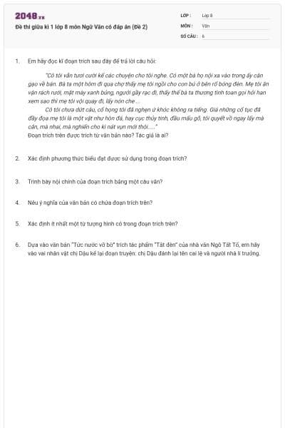 Đề thi giữa kì 1 lớp 8 môn Ngữ Văn có đáp án (Đề 2)