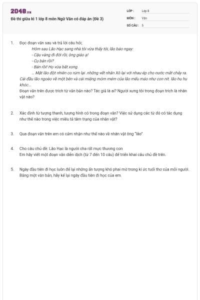Đề thi giữa kì 1 lớp 8 môn Ngữ Văn có đáp án (Đề 3)