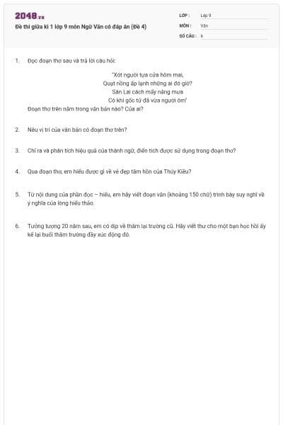 Đề thi giữa kì 1 lớp 9 môn Ngữ Văn có đáp án (Đề 4)