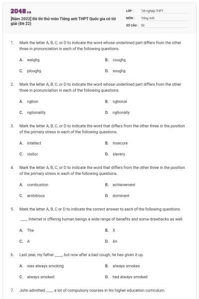 [Năm 2022] Đề thi thử môn Tiếng anh THPT Quốc gia có lời giải (Đề 22)