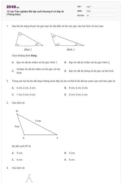 15 câu Trắc nghiệm Bài tập cuối chương 8 có đáp án (Thông hiểu)