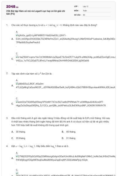 256 Bài tập Hàm số mũ và Logarit cực hay có lời giải chi tiết (P3)