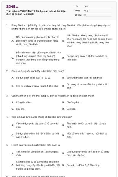 Trắc nghiệm Vật lí 9 Bài 19: Sử dụng an toàn và tiết kiệm điện có đáp án (Mới nhất)