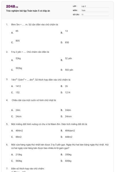 Trắc nghiệm bài tập Toán tuần 5 có đáp án