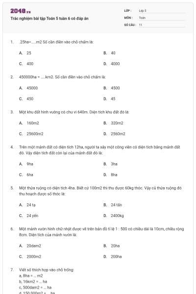 Trắc nghiệm bài tập Toán 5 tuần 6 có đáp án