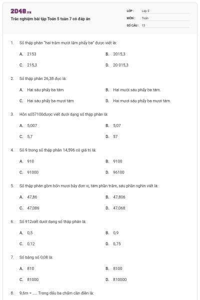 Trắc nghiệm bài tập Toán 5 tuần 7 có đáp án