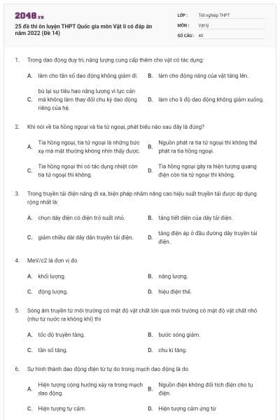 25 đề thi ôn luyện THPT Quốc gia môn Vật lí có đáp án năm 2022 (Đề 14)