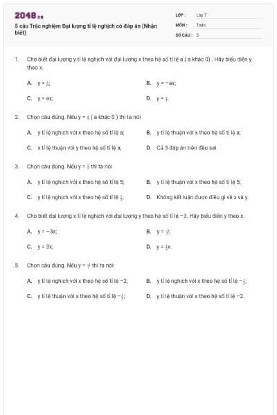5 câu Trắc nghiệm Đại lượng tỉ lệ nghịch có đáp án (Nhận biết)