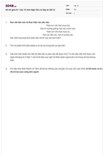 Đề thi giữa kì 1 lớp 10 môn Ngữ Văn có đáp án (Đề 3)