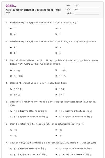 7 câu Trắc nghiệm Đại lượng tỉ lệ nghịch có đáp án (Thông hiểu)