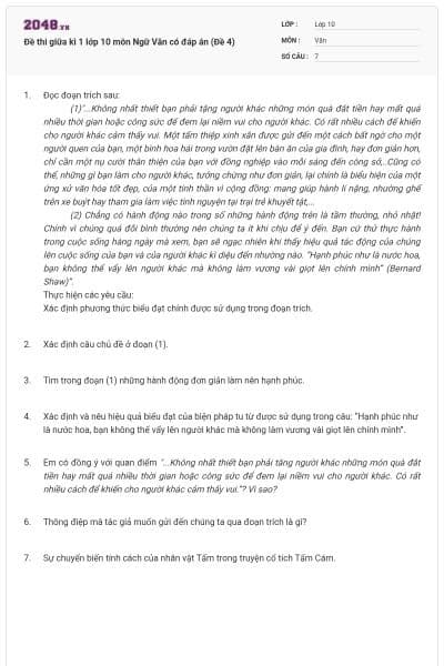 Đề thi giữa kì 1 lớp 10 môn Ngữ Văn có đáp án (Đề 4)