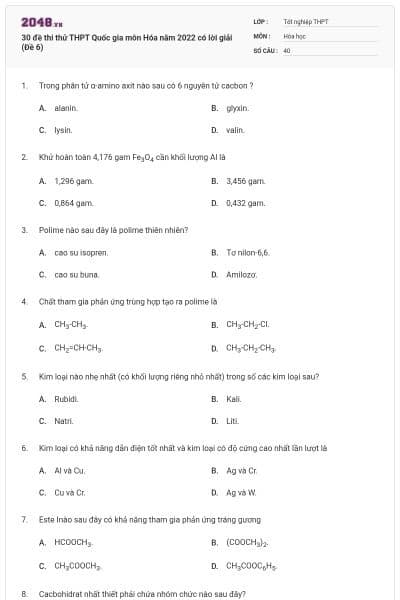 30 đề thi thử THPT Quốc gia môn Hóa năm 2022 có lời giải (Đề 6)