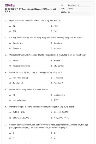 30 đề thi thử THPT Quốc gia môn Hóa năm 2022 có lời giải (Đề 8)