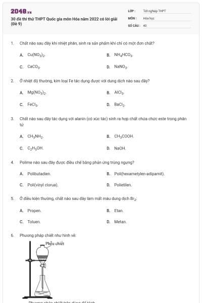 30 đề thi thử THPT Quốc gia môn Hóa năm 2022 có lời giải (Đề 9)