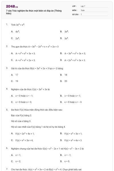 7 câu Trắc nghiệm Đa thức một biến có đáp án (Thông hiểu)