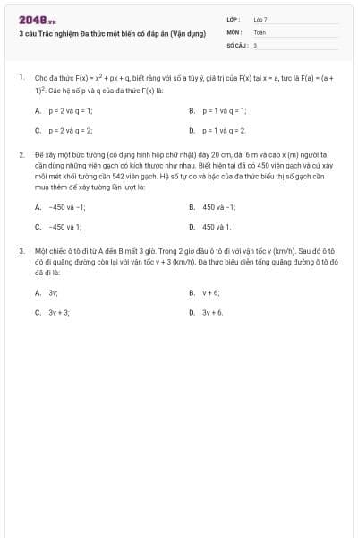 3 câu Trắc nghiệm Đa thức một biến có đáp án (Vận dụng)
