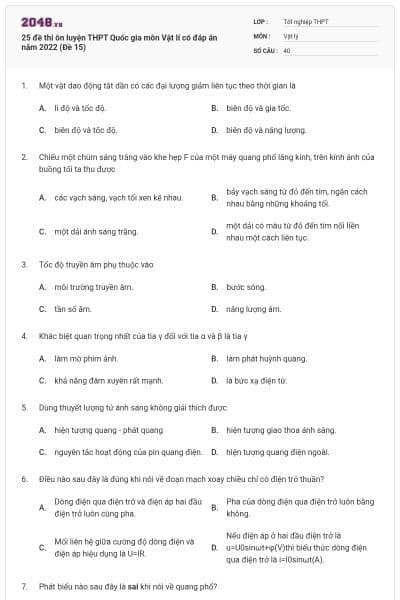 25 đề thi ôn luyện THPT Quốc gia môn Vật lí có đáp án năm 2022 (Đề 15)