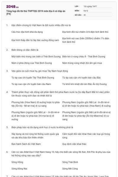 Tổng hợp đề thi thử THPTQG 2019 môn Địa lí có đáp án (P4)
