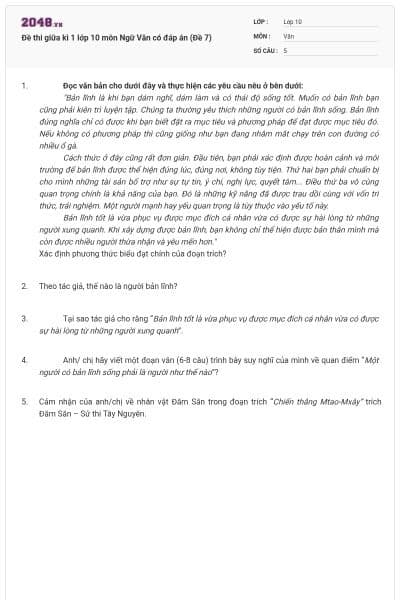 Đề thi giữa kì 1 lớp 10 môn Ngữ Văn có đáp án (Đề 7)