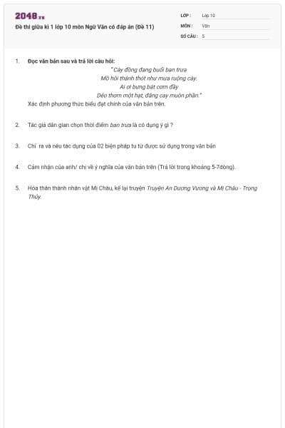 Đề thi giữa kì 1 lớp 10 môn Ngữ Văn có đáp án (Đề 11)