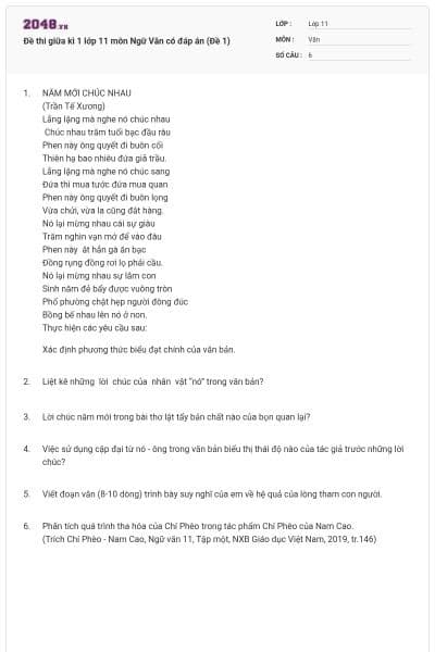 Đề thi giữa kì 1 lớp 11 môn Ngữ Văn có đáp án (Đề 1)