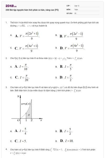 200 Bài tập nguyên hàm tích phân cơ bản, nâng cao (P5)