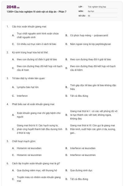 1300+ Câu trắc nghiệm Vi sinh vật có đáp án - Phần 7