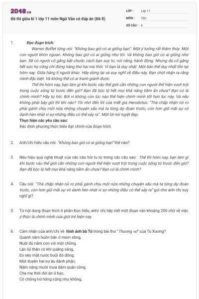 Đề thi giữa kì 1 lớp 11 môn Ngữ Văn có đáp án (Đề 8)