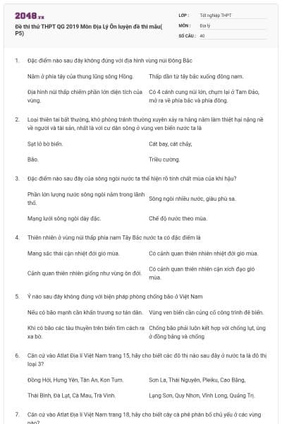Đề thi thử THPT QG 2019 Môn Địa Lý Ôn luyện đề thi mẫu( P5)