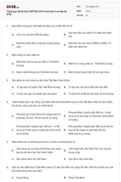 Tổng hợp đề thi thử THPTQG 2019 môn Địa lí có đáp án (P4)