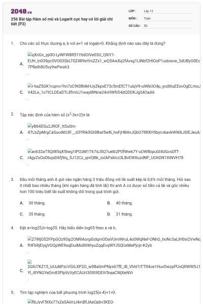 256 Bài tập Hàm số mũ và Logarit cực hay có lời giải chi tiết (P3)
