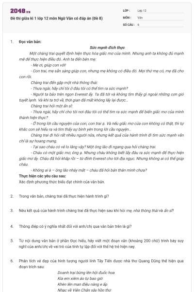 Đề thi giữa kì 1 lớp 12 môn Ngữ Văn có đáp án (Đề 8)