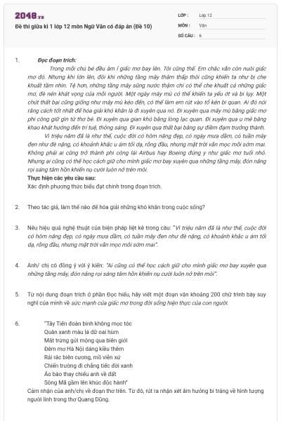 Đề thi giữa kì 1 lớp 12 môn Ngữ Văn có đáp án (Đề 10)