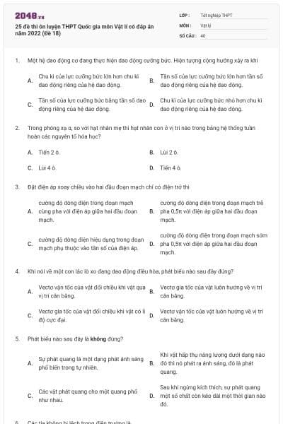 25 đề thi ôn luyện THPT Quốc gia môn Vật lí có đáp án năm 2022 (Đề 18)