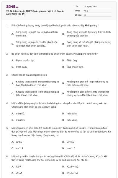 25 đề thi ôn luyện THPT Quốc gia môn Vật lí có đáp án năm 2022 (Đề 19)