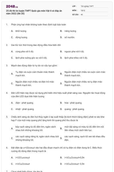25 đề thi ôn luyện THPT Quốc gia môn Vật lí có đáp án năm 2022 (Đề 20)