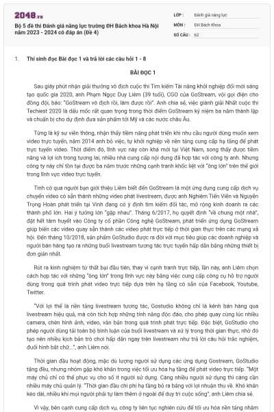 Bộ 5 đề thi Đánh giá năng lực trường ĐH Bách khoa Hà Nội năm 2023 - 2024 có đáp án (Đề 4)