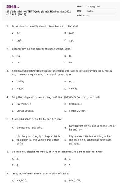 25 đề thi minh họa THPT Quốc gia môn Hóa học năm 2022 có đáp án (Đề 23)