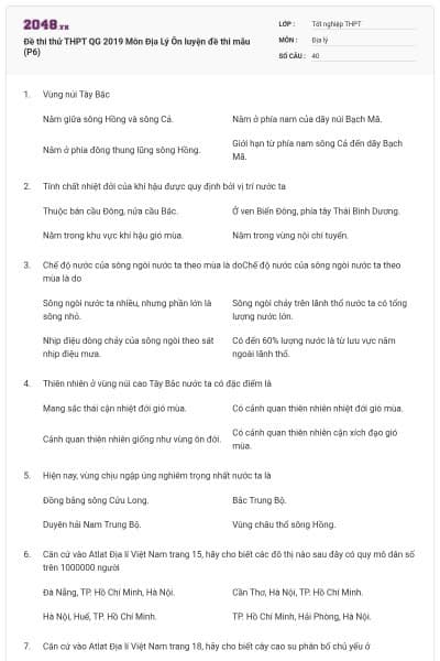 Đề thi thử THPT QG 2019 Môn Địa Lý Ôn luyện đề thi mẫu (P6)
