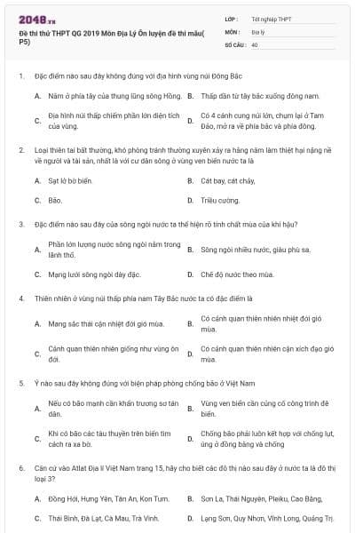 Đề thi thử THPT QG 2019 Môn Địa Lý Ôn luyện đề thi mẫu( P5)