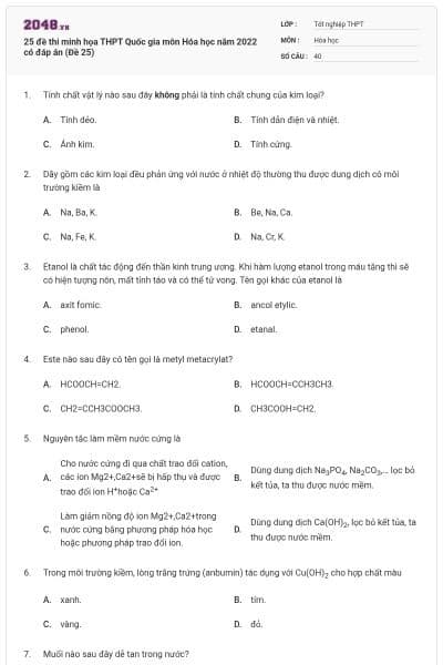 25 đề thi minh họa THPT Quốc gia môn Hóa học năm 2022 có đáp án (Đề 25)