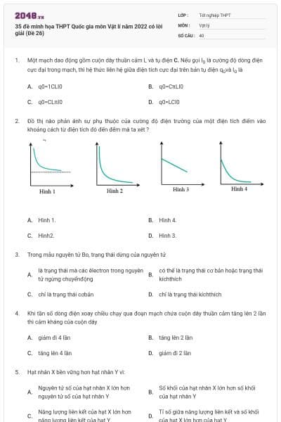 35 đề minh họa THPT Quốc gia môn Vật lí năm 2022 có lời giải (Đề 26)