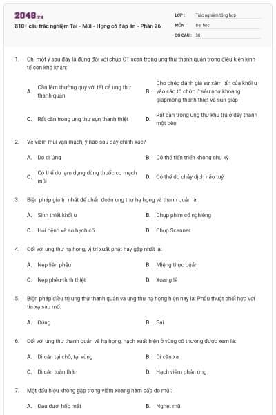 810+ câu trắc nghiệm Tai - Mũi - Họng có đáp án - Phần 26