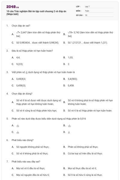 10 câu Trắc nghiệm Bài ôn tập cuối chương 2 có đáp án (Nhận biết)